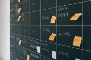 chalkboard with a grid for social media and sticky notes