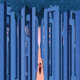 illustration of a woman walking out of a forest of ones and zeros
