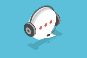 illustration of a talk bubble with headphones and a mic on it