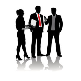 Silhouette of three business people one with a red neck tie