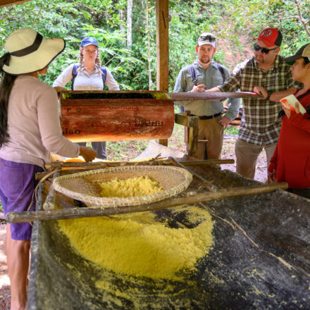 group of students and Brazilian farmers holding a sifting tool over a large basin with bright yellow grain