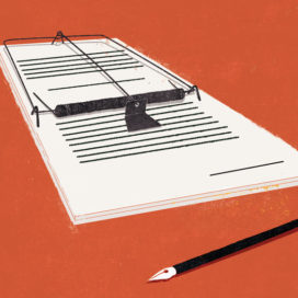 illustration of a contract in the shape of a mousetrap with a fountain pen