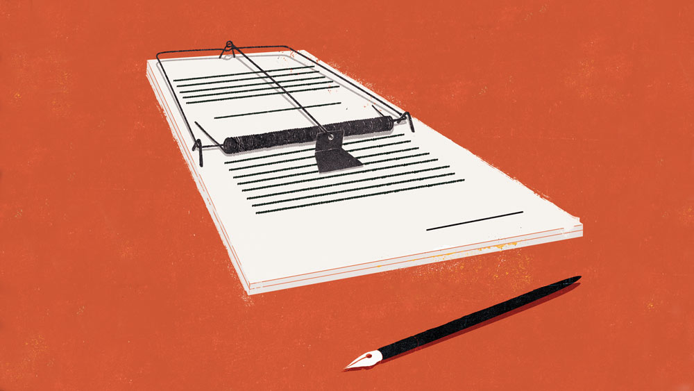 illustration of a contract in the shape of a mousetrap with a fountain pen