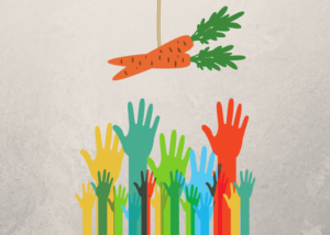 illustration of carrots dangling over raised hands