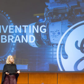 Linda Boff, CMO at GE, speaks during Notre Dame's Chief Marketing Officer Summit