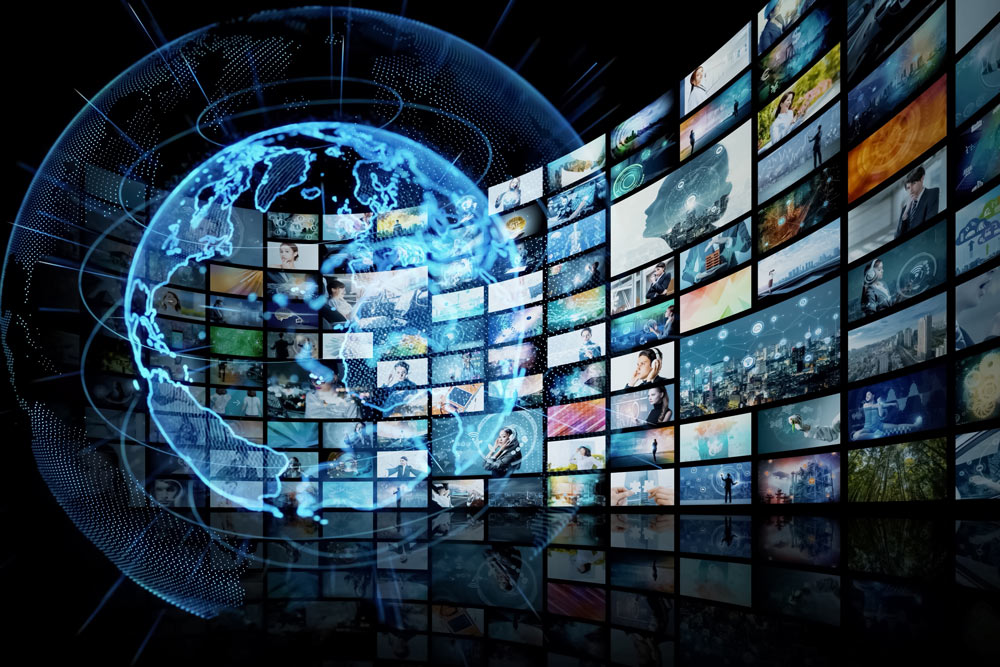 tv screens overlaying digital world