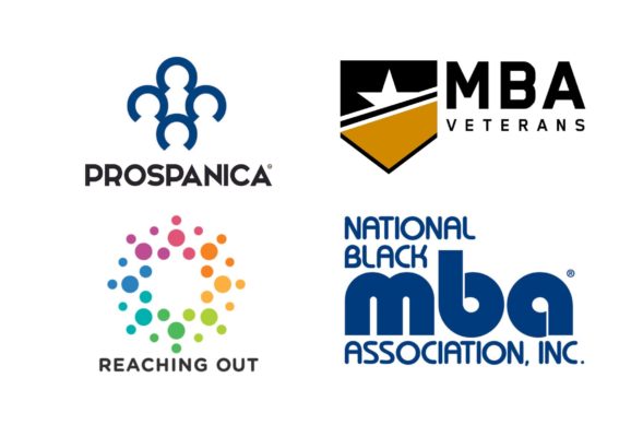 Collage of logos from Mendoza Career Partners, including MBA Veterans, Prospanica, Reaching Out MBA, and National Black MBA Association
