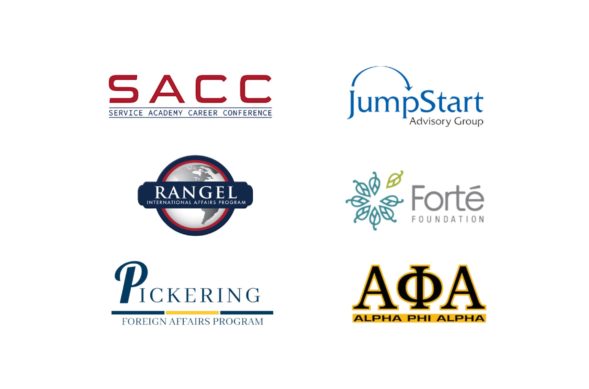 Collage of logos from partnerships, including SACC, JumpStart, Rangel, Forte, Pickering, and Alpha Phi Alpha