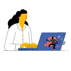 illustration of a woman on a computer with a person hacking into it