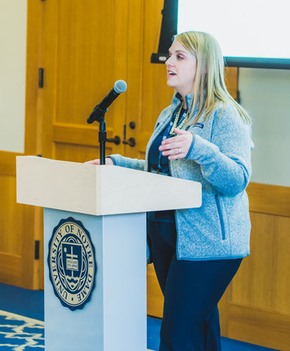 speaking at podium