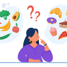 Illustration of woman deciding between healthy and unhealthy food