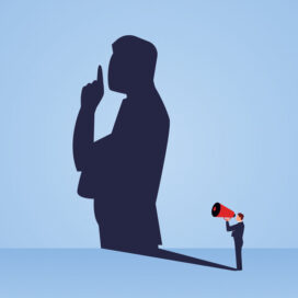 illustration of a business man making an announcement with a shadow on the wall making the secret sign