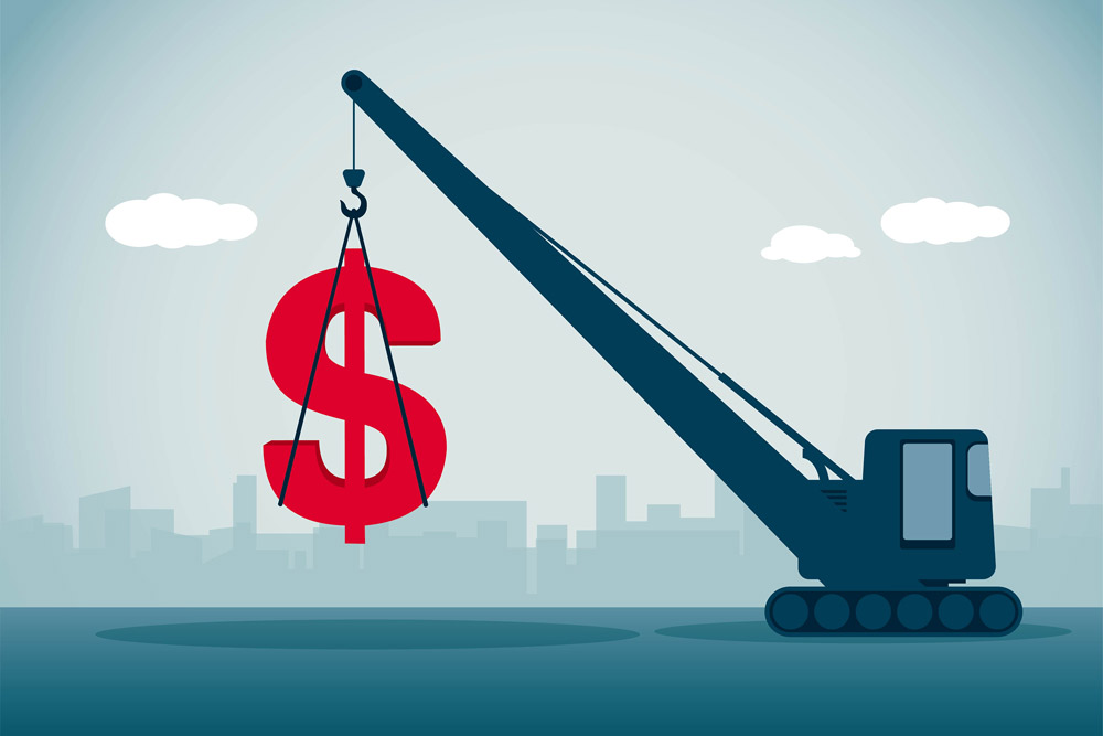 illustration of a crane lifting a giant dollar sign
