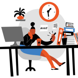 illustration of a woman bored at work, looking at her phone