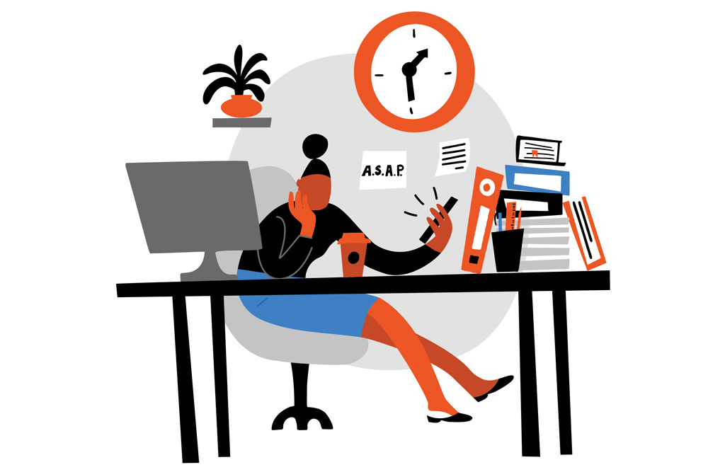 illustration of a woman bored at work, looking at her phone