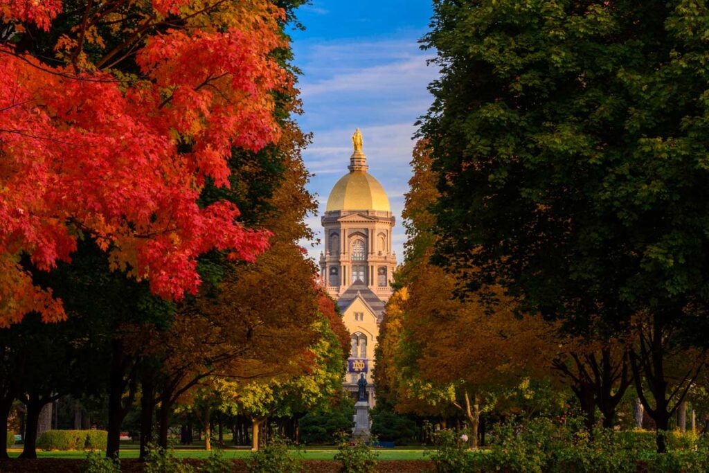 Main Building with fall trees on either side