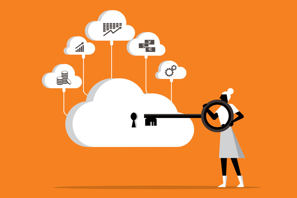 illustration of a female inserting a key into a data cloud