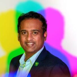 image of professor vamsi kanuri with halftone color behind him.