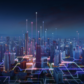 A futuristic cityscape at night with illuminated skyscrapers and glowing network lines connecting buildings, symbolizing advanced technology and digital connectivity. Bright data points rise into the sky, creating a cyberpunk-inspired atmosphere.