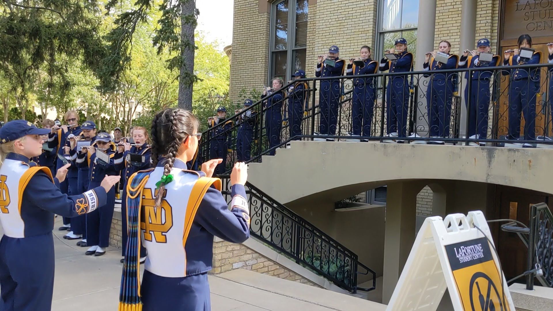 Katherine Huang plays with the Band of the Fighting Irish in front of LaFortunate Student Center