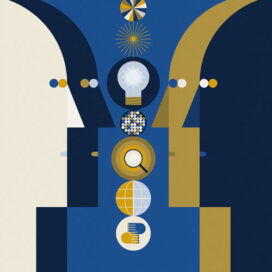 illustration of faces facing each other with round icons stacked in between them