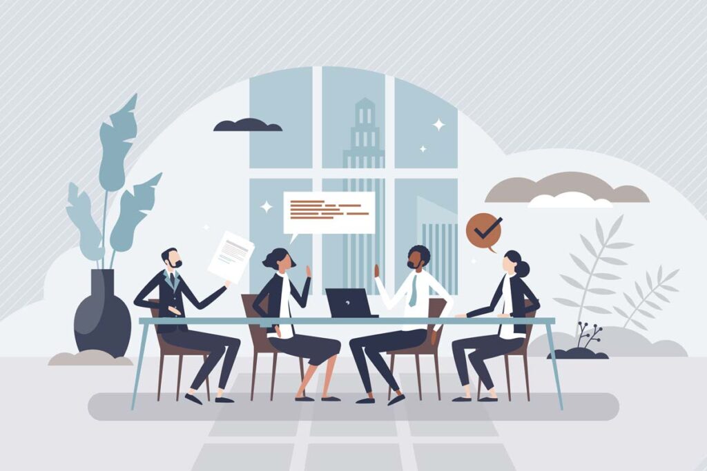 Illustration of a boardroom with diverse people sitting around a table talking.