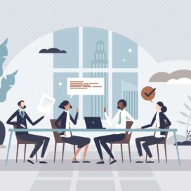 Illustration of a boardroom with diverse people sitting around a table talking.