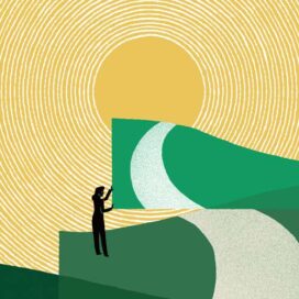 Illustration of a figure placing pieces of a path that leads to the sun.