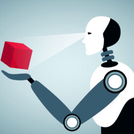 an AI robot examines a cube for quality control.