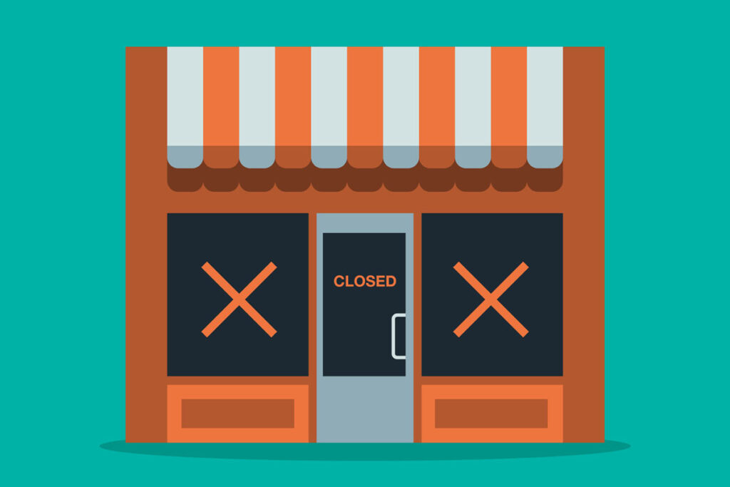 illustration of a shop with  x's over the windows and a closed sign on the door.