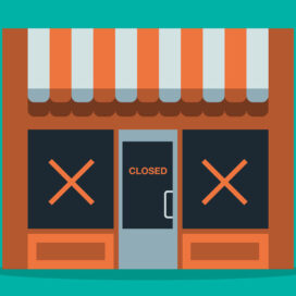 illustration of a shop with x's over the windows and a closed sign on the door.