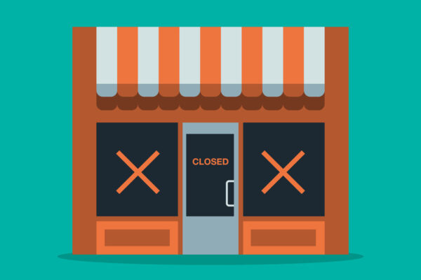 illustration of a shop with x's over the windows and a closed sign on the door.